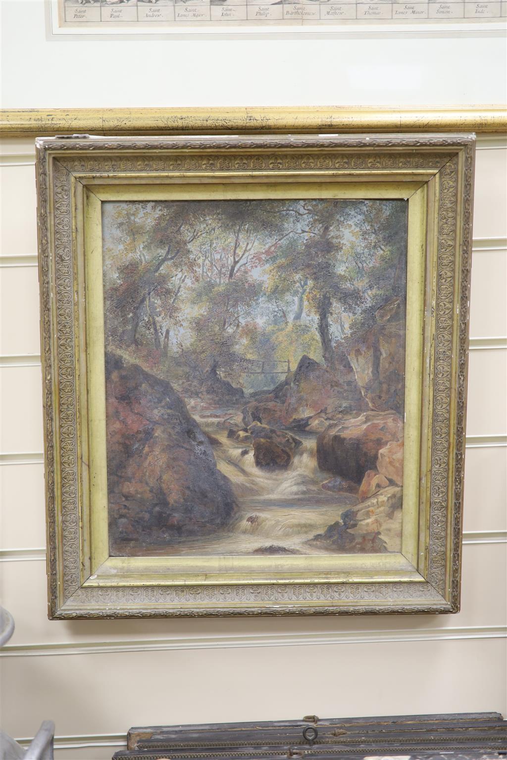 Victorian School, oil on canvas, Waterfall on the River Dart, label verso, 35 x 29cm